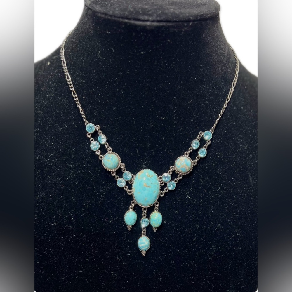 P.o.F.T. Faux Turquoise & Aquamarine Blue Stones in Black Metal Vintage Setting